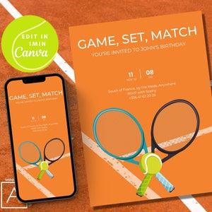 Invitation d'anniversaire de tennis, invitation de jeu de balle de tennis, entièrement modifiable n'importe quel texte, impression et éviction, invitation d'anniversaire pour homme