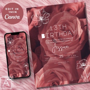 13th Birthday Invite, 13th Birthday Invitation Girl, 13th Birthday Party Invitations, Birthday Invites for Teens, Instant Download