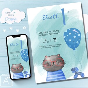 Editable Cat 1st Birthday Invitation: Animated Party Invite (Digital Download)