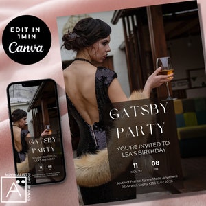 Great Gatsby Party, Gatsby Party uitnodiging, Gatsby themafeest, uitnodigingen, bewerkbare, Gatsby verjaardag, Gatsby verjaardagsuitnodiging
