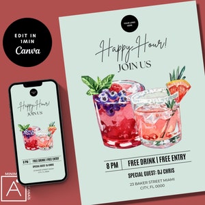 Event Flyer, Cocktail Party, Happy Hour einladen, bearbeitbare Einladung, Canva Vorlage, Arbeit Happy Hour, Print und Evite, Bar Menü Vorlage