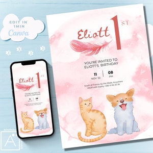 Dog & Cat 1st Birthday Invitation: Editable Theme Party (Digital)