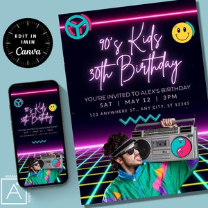 90s theme birthday invitation, Editable, Back to the 90&#39;s, Throwback Party, House Party, Birthday Invitation, Print and Digital Evite, Canva