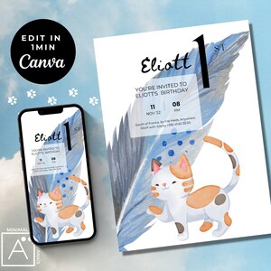 Editable Cat 1st Birthday Invitation: Animated Party Invite (Digital Download)
