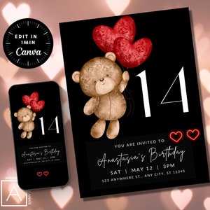 Teddy Bear 14th Birthday Invitation: Red Heart Balloons (Editable Canva Template)