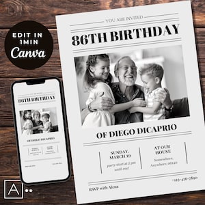 86歳の誕生日新聞、86歳の誕生日招待状、86歳の誕生日招待状、編集可能、男性向け86歳の誕生日招待状、誕生日新聞