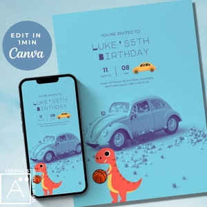5th birthday invitation, boy 5th birthday invitation , 5th birthday, 5th birthday boy , boy birthday invite, editable invitation, trex, car