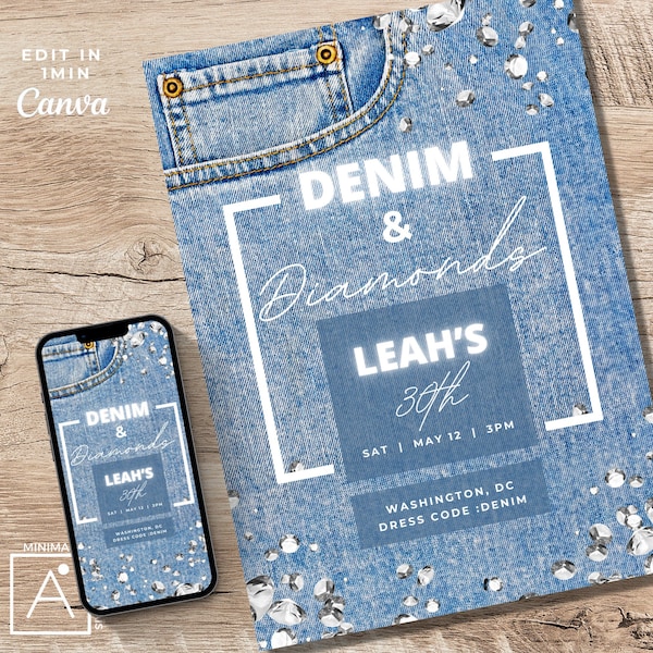 denim and diamonds, denim diamonds birthday, blue jeans and bling, denim diamond invitation, denim birthday, EDITABLE BIRTHDAY INVITATION