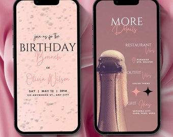 Puede incluir: Una invitación animada en video rosa y blanca para un brunch de cumpleaños. La invitación presenta una botella de champán con burbujas y el texto "Join us for the Birthday Brunch of Olivia Wilson. Sat. May 12 | 3PM | 123 Anywhere St., Any City". La segunda diapositiva presenta más detalles sobre el evento, incluido el restaurante, el ambiente del atuendo y las ideas para regalos.
