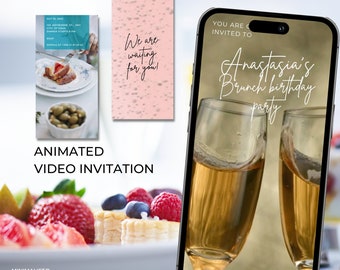 Puede incluir: La pantalla de un teléfono inteligente que muestra una invitación de video para la fiesta de cumpleaños de brunch de Anastasia. El video presenta dos copas de champán sobre un fondo rosa claro. El texto "Estás cordialmente invitado a la fiesta de cumpleaños de brunch de Anastasia" se muestra en la pantalla.