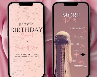 Puede incluir: Invitación animada en video rosa y blanco para un brunch de cumpleaños. La invitación presenta una botella de champán y un texto que dice "Join us for the Birthday Brunch of Olivia Wilson. Sat. May 12 | 3PM | 123 Anywhere St., Any City". La segunda parte de la invitación tiene más detalles sobre el evento, incluyendo el restaurante, el ambiente del atuendo y las ideas para regalos.