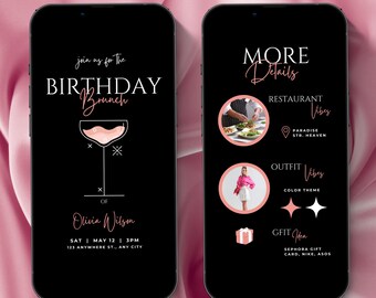 Puede incluir: Dos teléfonos inteligentes negros que muestran una invitación a un brunch de cumpleaños. La pantalla izquierda presenta un gráfico de copa de champán y detalles del evento. La pantalla derecha muestra ideas de restaurante, atuendo y regalos. El texto dice "Animated Video Invite - Fully Editable - Any Age."