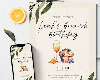 Redigerbar brunchfödelsedagsinbjudan: Digital eller utskrivbar mall