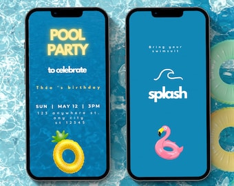 May include: A blue and white animated video invitation for a pool party to celebrate Théo's birthday. The invitation includes a pineapple pool float, a flamingo pool float, and the text "POOL PARTY to celebrate Théo's birthday SUN | MAY 12 | 3PM 123 anywhere st. any city st 12345". The other side of the invitation says "Bring your swimsuit splash".