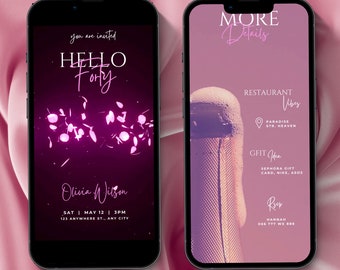 Puede incluir: Una invitación de video animada rosa y negra para una fiesta de cumpleaños número 40. La invitación presenta una botella de champán y confeti rosa. El texto en la invitación dice "Estás invitado a Hello Forty" y "Olivia Wilson". La invitación también incluye la fecha, la hora y la ubicación de la fiesta.