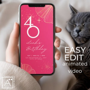 Animated 40th Birthday Invitation: Pink Glitter, Gold (Digital Template)