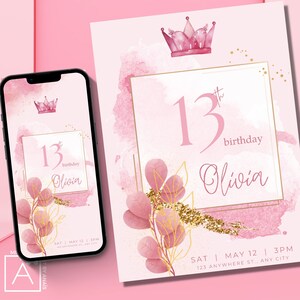 13. Geburtstag rosa und Gold Einladung Mädchen, lädt für Jugendliche, BEARBEITEN JEDES Alter, Sofort Download, Senden per Text oder drucken, evite