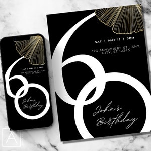 Editable 60th Birthday invitation digital template | Sixty | Black Gold White Minimalist Elegant Invite | Printable and Digital