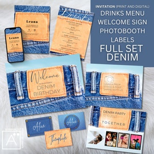 denim birthday invitation, party decor, FULL SET BUNDLE, Editable, Photobooth/Welcome Sign/Labels/Invitation/Drink menu