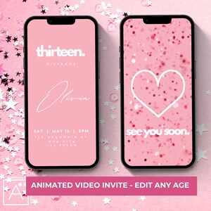 Invitation téléphonique pour 13e anniversaire rose, invitations d'anniversaire animées vidéo pour adolescents, modifiable à tout âge, rose et paillettes, Evite, numérique