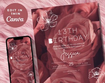 13th Birthday Invite, 13th Birthday Invitation Girl, 13th Birthday Party Invitations, Birthday Invites for Teens, Instant Download