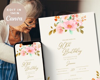 90th Birthday Invite, 90th birthday invitation, 90th Birthday, 90th birthday party , Invitation Template, Editable, Party Invitation