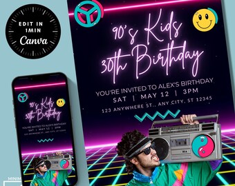 May include: A 90s themed birthday party invitation with a neon pink and blue colour scheme. The invitation features a retro boombox, a smiling face, and the text "90's Kids 30th Birthday".