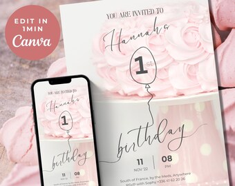 Puede incluir: Invitación de cumpleaños rosa con el texto "You are invited to Hannah's 1st birthday". La invitación incluye un gráfico de pastel rosa y es editable en Canva. Un smartphone muestra la misma invitación.