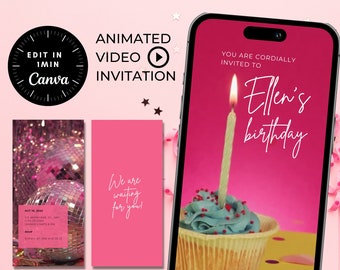 May include: A pink animated video invitation for a birthday party. The invitation features a cupcake with a lit candle and the text "You are cordially invited to Ellen's birthday".