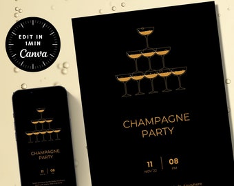 May include: Black and gold invitation for a champagne party. The invitation features a stack of champagne glasses and the text "Champagne Party" in gold lettering. The date and time of the party are listed as "11 NOV 22 | 08 PM". The location is listed as "South of France, by the Meds, Anywhere". The RSVP information is listed as "RSVP with Sophy +336 41 62 20 26".