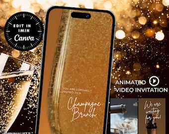 May include: A digital invitation for a Champagne Brunch. The invitation features a glass of champagne with gold glitter and the text "You are cordially invited to a Champagne Brunch".