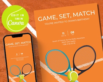 テニスの誕生日招待状：編集可能なゲームデー招待状（印刷可能＆Evite）
