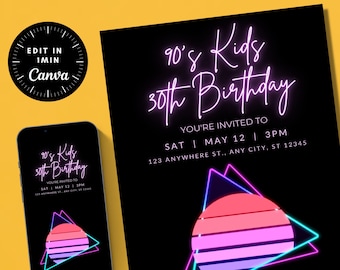90s Theme Birthday Invitation: Editable Party Invite (Digital Download)