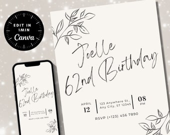 Modelo de convite elegante para 62º aniversário: editável para impressão (download digital)