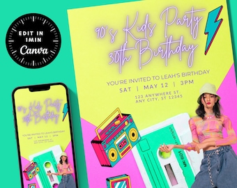 90s Theme 30th Birthday Party Invitation: Editable Template (Digital)