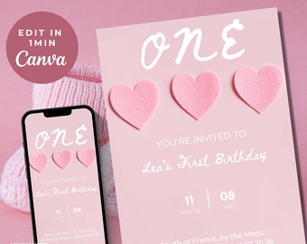 Puede incluir: Una invitación de cumpleaños rosa y blanca con el texto "ONE" y tres corazones rosas. La invitación dice "You're invited to Lea's First Birthday" con la fecha y la hora de la fiesta. La invitación también incluye la dirección y el número de teléfono para RSVP.