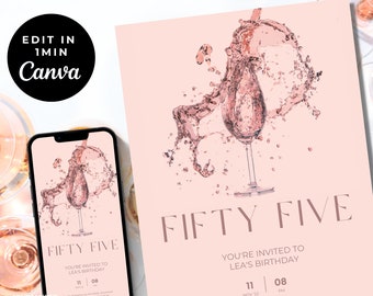 55th Birthday Invitation, fully EDITABLE ANY AGE, Pink Rose Birthday Party, Canva Template