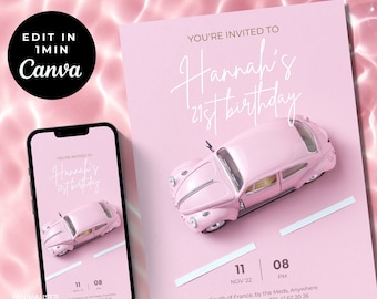 Pink 21st Birthday Invitation: Editable Template (Digital Download)