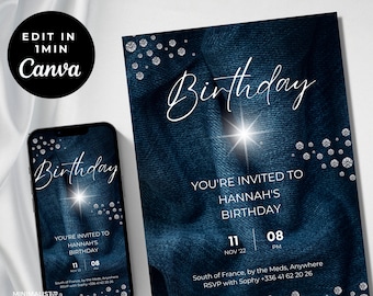Denim & Diamonds Birthday Invitation: Editable Template (Digital)
