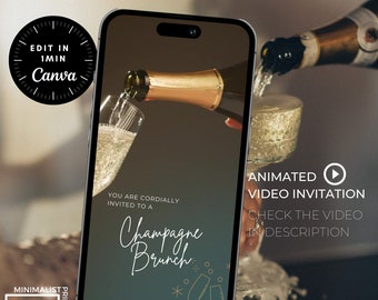 May include: A digital invitation for a Champagne Brunch. The invitation features a gold champagne bottle pouring into a glass with a green background. The text "You are cordially invited to a Champagne Brunch" is written in white. The invitation also includes a play button and the text "Animated Video Invitation" and "Check the video in description".