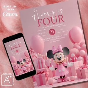 Invito di compleanno modificabile per Minnie Mouse mobile, modello di invito, stampa e digitale, invito a una festa digitale per bambini rosa, biglietto di compleanno Evite, Minny