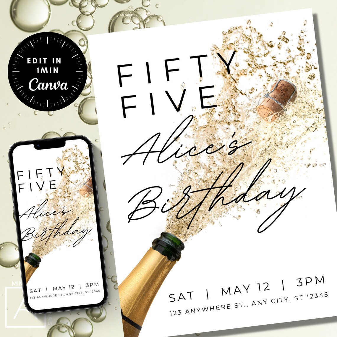 55th Birthday Invitation, Fully EDITABLE ANY AGE, Champagne Birthday