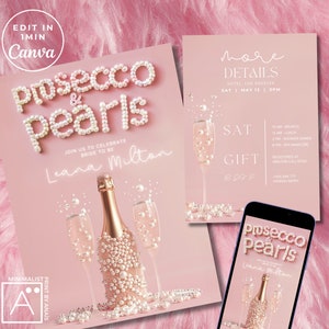 Invitación para despedida de soltera con prosecco y perlas: Plantilla digital minimalista