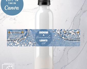 Etiqueta para botella de agua con diseño de mezclilla y diamantes: regalo de fiesta editable (digital)