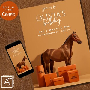 Faire-part d'anniversaire cheval de marque H, invitation d'anniversaire à thème de luxe, invitation cheval, fête équestre, cow-girl, selle, anniversaire poney, Paris