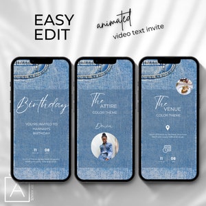 Digital Denim Birthday Invitation, Video Animation, FULLY EDITABLE, Evite, send via text, denim party decor, event itinerary