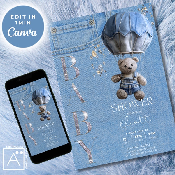 Denim Diamond Bear Hot Air Balloon Baby Shower Invitation, We Can Bearly wait, Print and Digital FULLY EDITABLE template, It's a boy invite