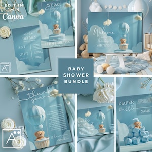 Ensemble baby shower ours en montgolfière : invitation, carte de remerciement, tombola de couches, demande de livre, panneau de bienvenue, brunch Bearly Wait c'est un garçon