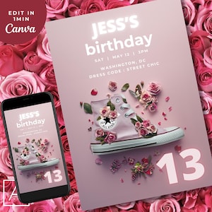 Invitation d'anniversaire Converse baskets fille, impression numérique et impression rose poudré, invitations d'anniversaire animées vidéo pour ados, modifiable à tout âge, Evite
