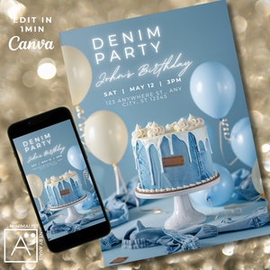 denim cake birthday invitation, denim invite, denim party, blue jeans and bling, denim birthday, EDITABLE INVITATION, any age, print + evite